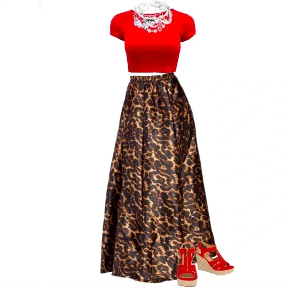 Boutique Satin Leopard Flowy A-Line Maxi Midi Skirt - Picture 11 of 16